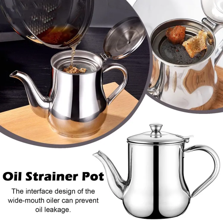 Stainless Steel Oil Strainer Pot & Container 410ml – Anti-Leakage Cooking Oil Dispenser Jug with Fine Mesh Filter for Kitchen & Home