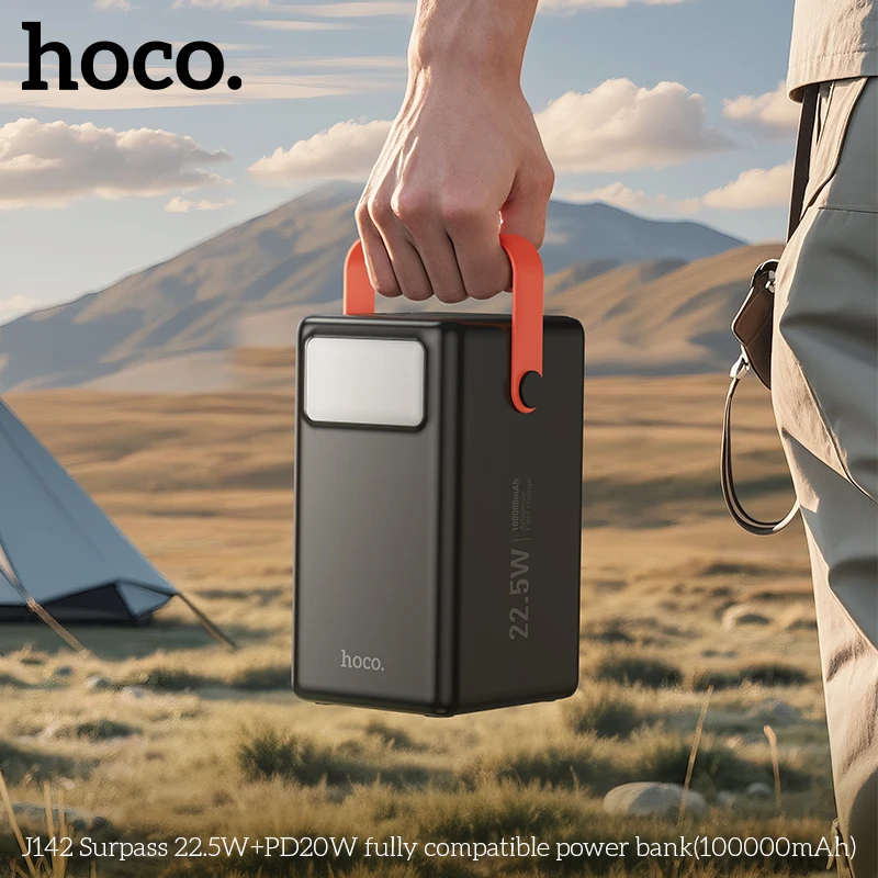 HOCO J142 100,000mAh Power Bank – 22.5W & PD 20W Fast Charging Portable Power Station with Built-in LED Desk Lamp & Multi-Port Outputs