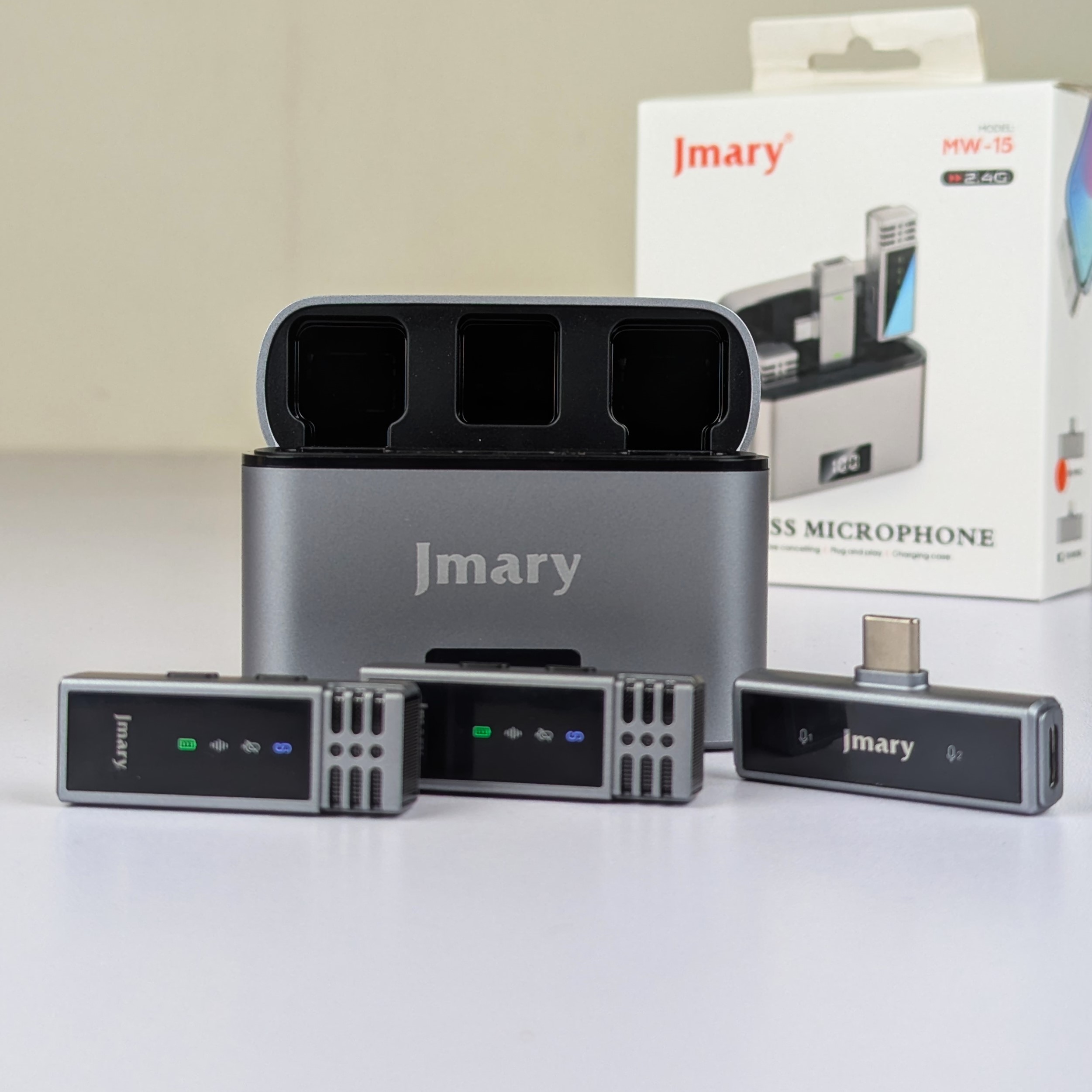 Jmary MW-15 2.4G Dual Wireless Lavalier Microphone – Type-C Plug & Play Mic with 48H Battery Charging Case, 20M Range & Low Latency for Mobile Vlogging & Interviews