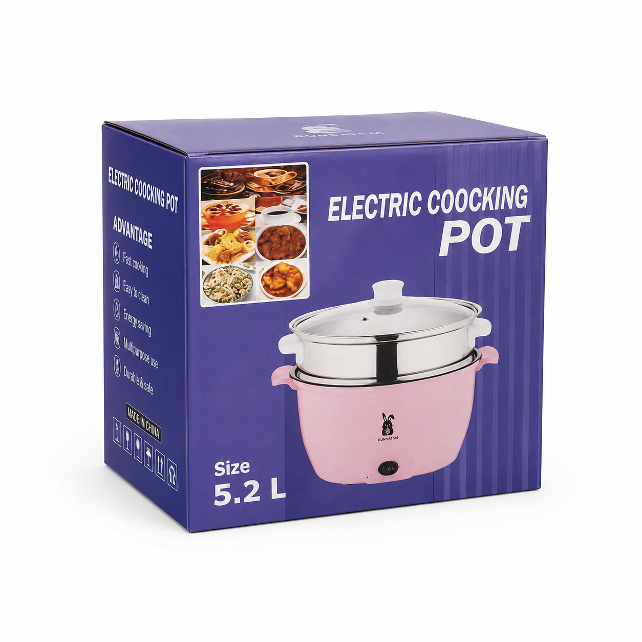 RUNBAISN 5.2L Electric Multi-Cooker & Hot Pot – Non-Stick Portable Electric Cooker with Steamer Tray, 2 Heating Modes for Rice, Noodles, Soup & Daily Cooking