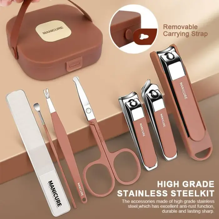 Premium 8-Piece Manicure and Pedicure Set – Stainless Steel Nail Clippers & Grooming Kit with Elegant Matte Brown Portable Travel Case