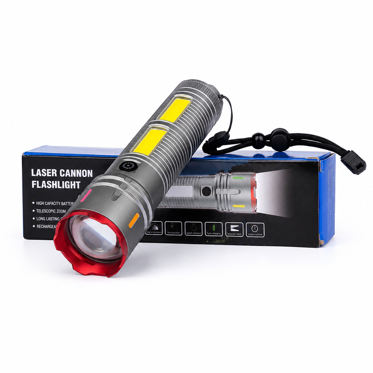 Laser Cannon X03 Metal Tactical Flashlight – High-Power Long-Lasting LED Torch with Built-In Power Bank & Durable Metal Body (8.5 Inch, 445g)