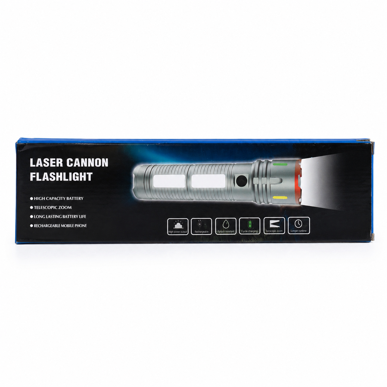 Laser Cannon X03 Metal Tactical Flashlight – High-Power Long-Lasting LED Torch with Built-In Power Bank & Durable Metal Body (8.5 Inch, 445g)